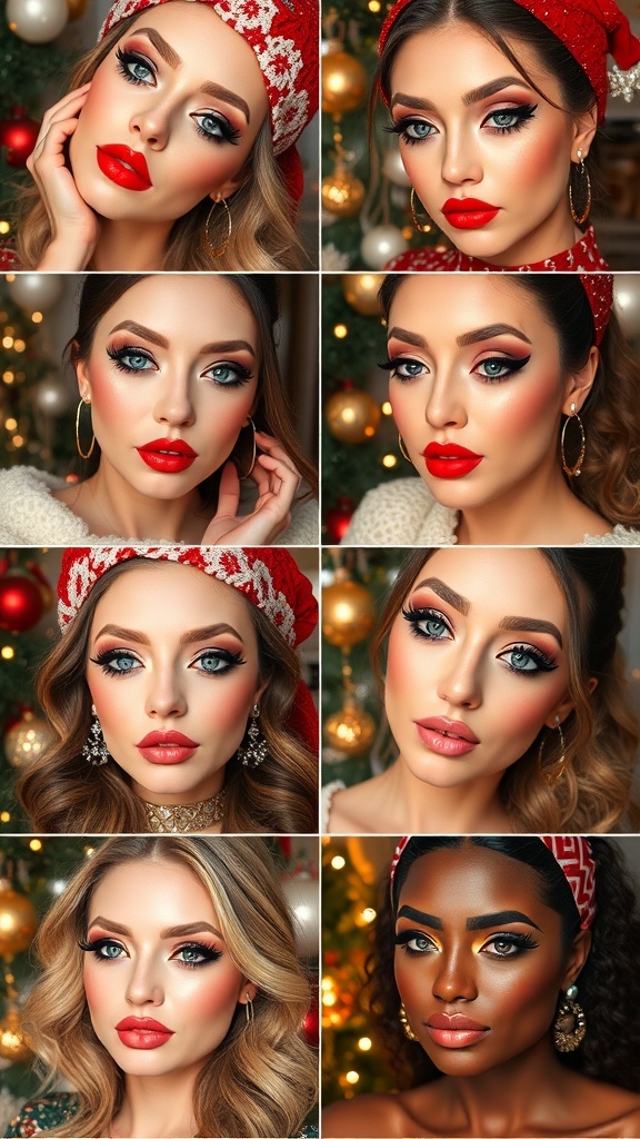 A festive collage of Christmas makeup looks including red lips, smoky eyes, and pastel shades.